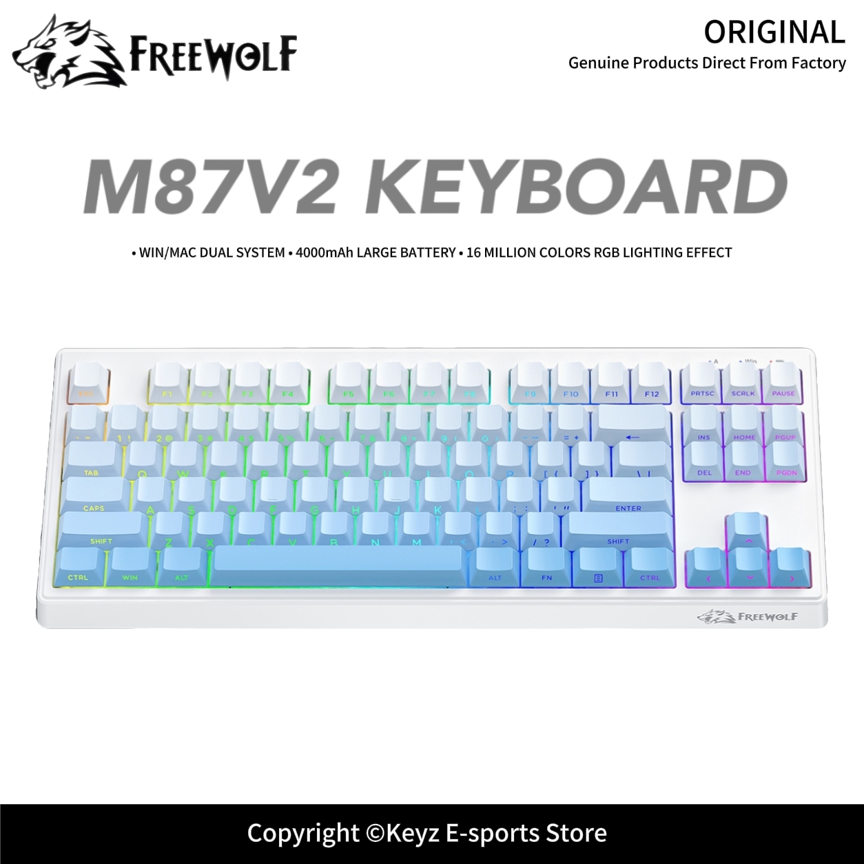 Keyboard Gaming Transparent - คีย์บอร์ดเกมมิ่งแบบสามโหมด FREEWOLF M87V2 แบตเตอรี่ 4000mAh อายุการใช้งานยาวนาน
