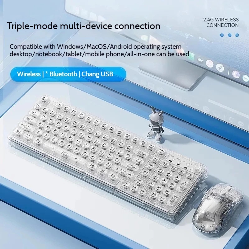 Keyboard Gaming Transparent - ชุดคีย์บอร์ดและเมาส์ไร้สายบลูทูธแบบใส รุ่นคริสตัลไอซ์ พร้อมไฟ RGB แบบเงียบ คีย์บอร์ดแบบกลไกสามโหมด